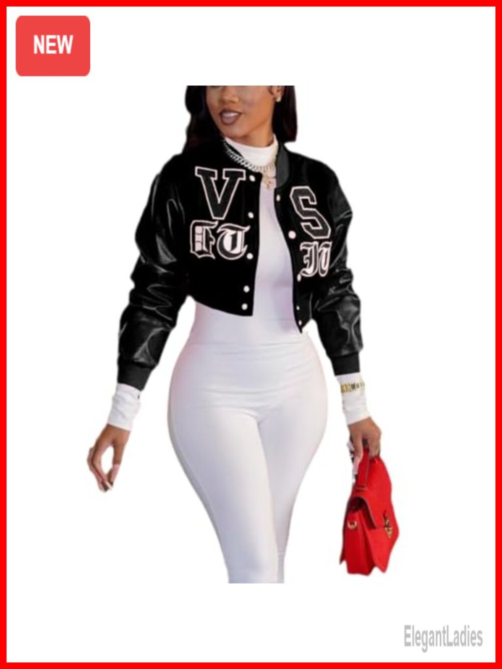 Women Faux Leather Cropped Varsity Jacket Long Sleeve Button Down Embroidery